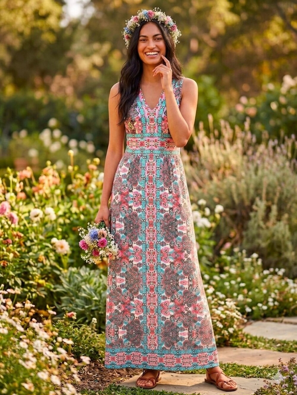 Wisp Boho Paisley V-Neck Maxi Sleeveless Dress US 6 Stretch Spandex Resort EUC